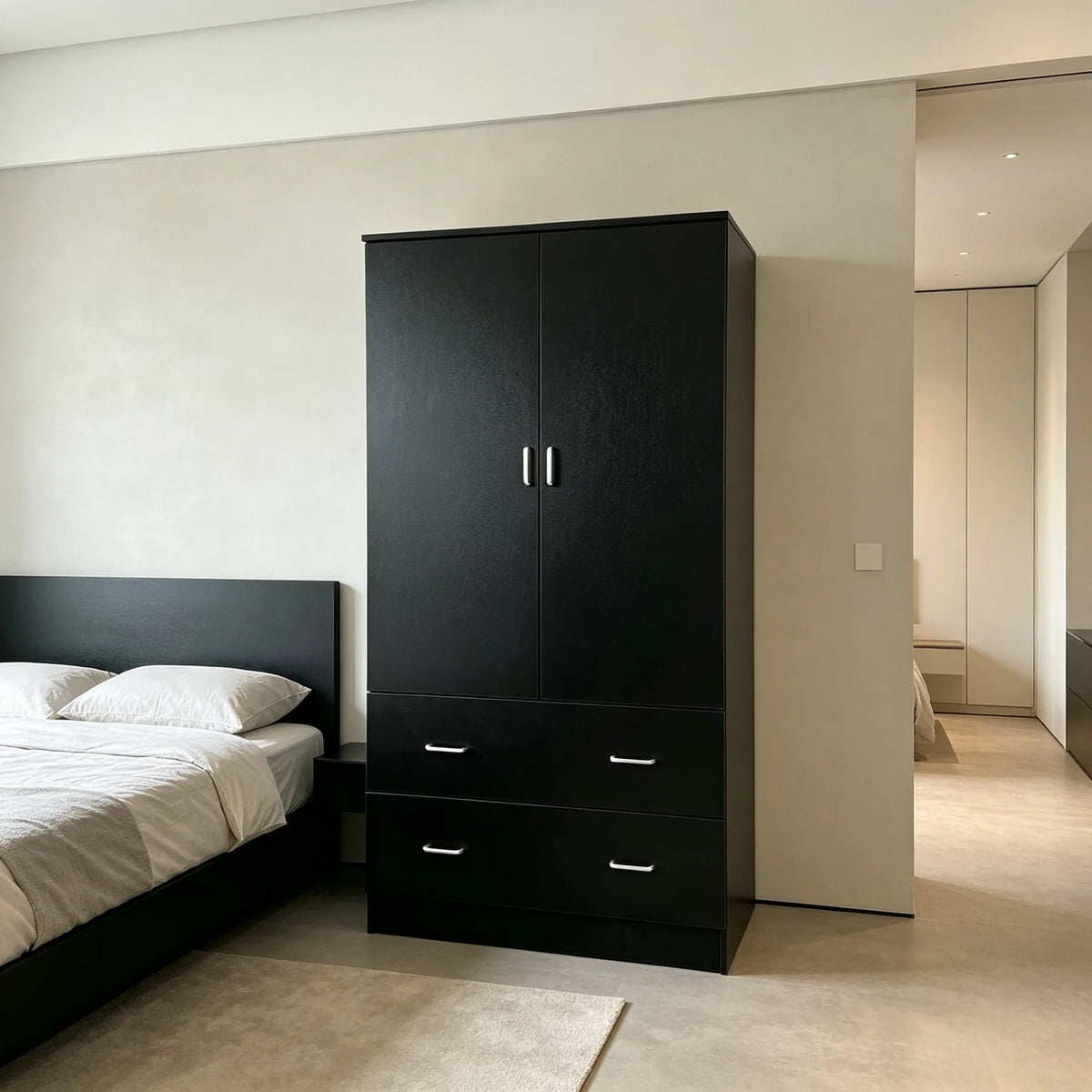 Velour 2 Door and 2 Drawer Wardrobe - Black - Fine Living