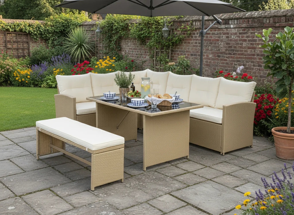 Bahamas Corner Lounge Patio Set - Brown with Beige Cushions