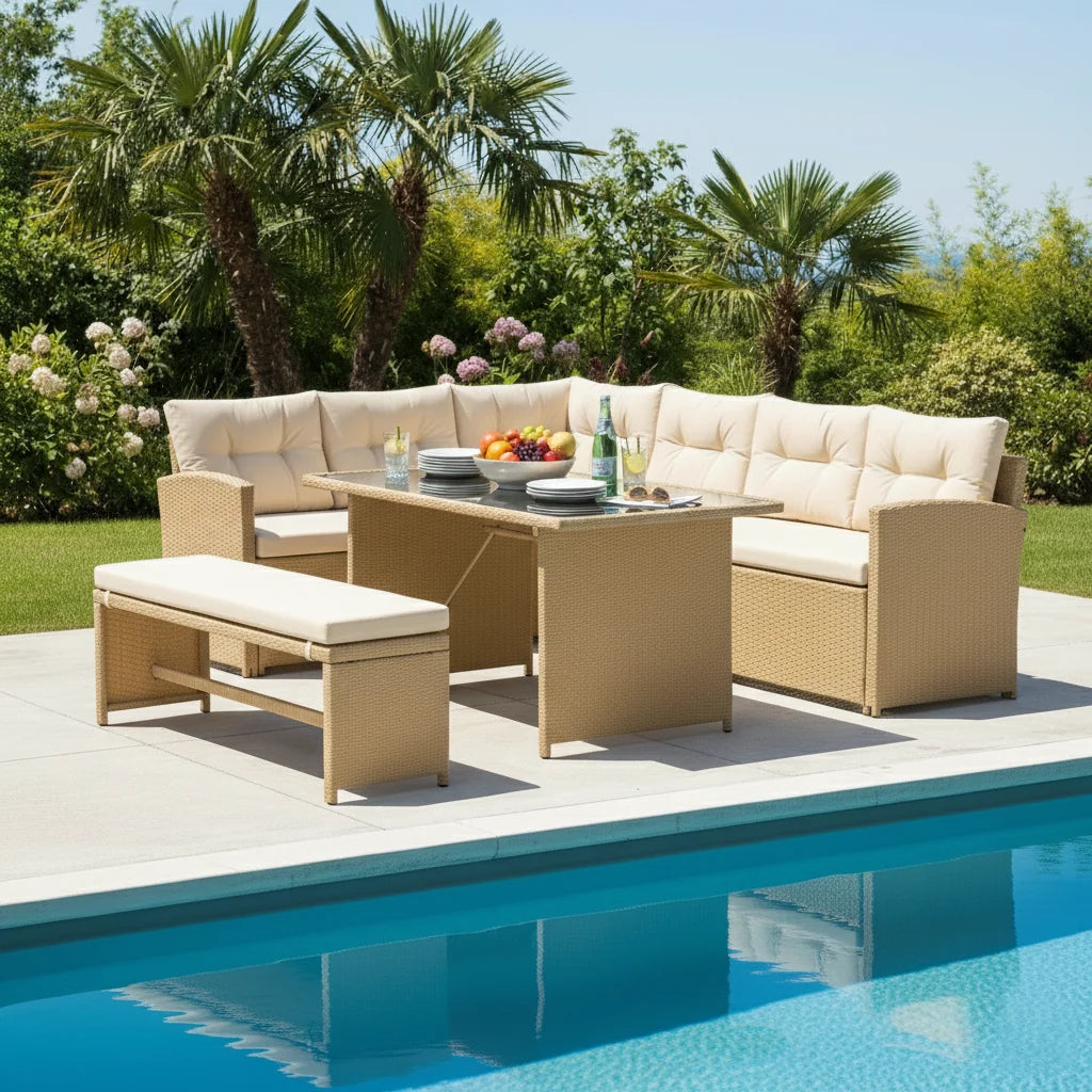 Bahamas Corner Lounge Patio Set - Brown with Beige Cushions
