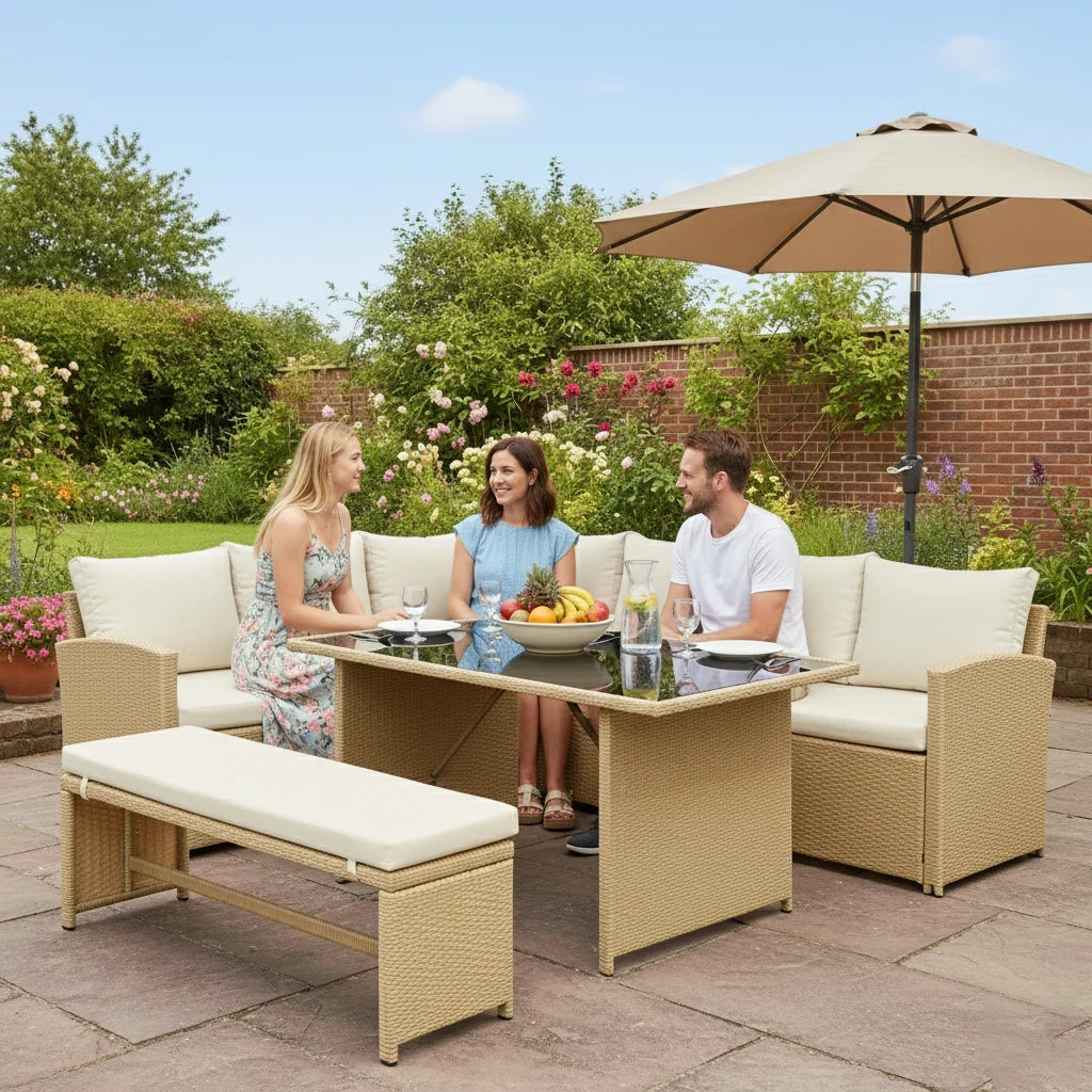Bahamas Corner Lounge Patio Set - Brown with Beige Cushions