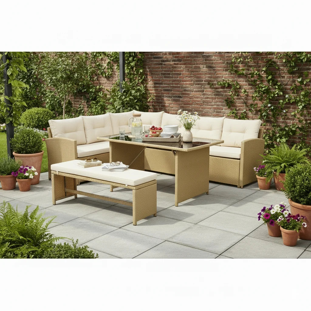 Bahamas Corner Lounge Patio Set - Brown with Beige Cushions