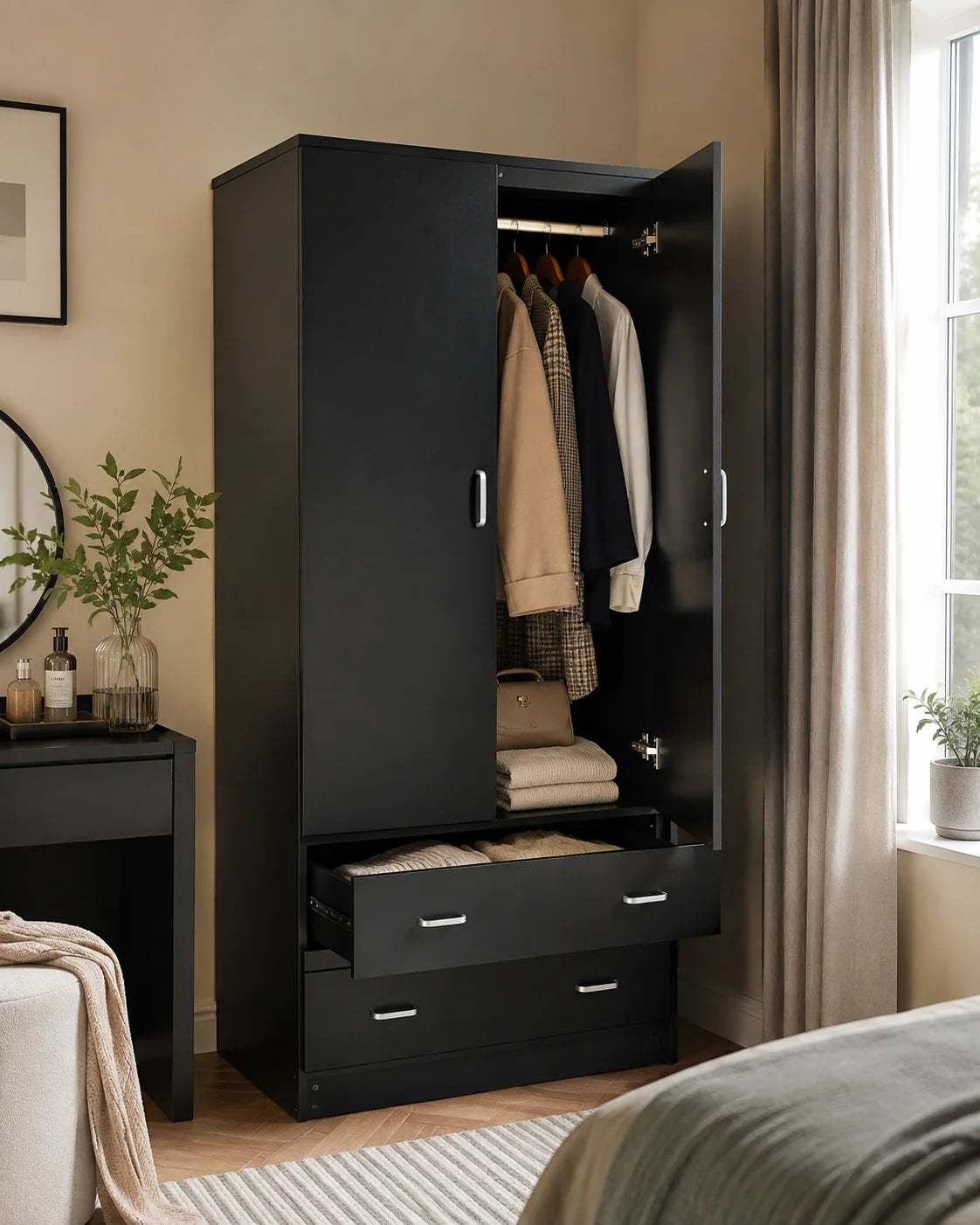 Velour 2 Door and 2 Drawer Wardrobe - Black - Fine Living
