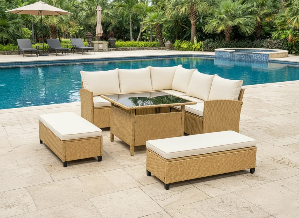 Barbados Corner Lounge Set Brown with Beige Cushions