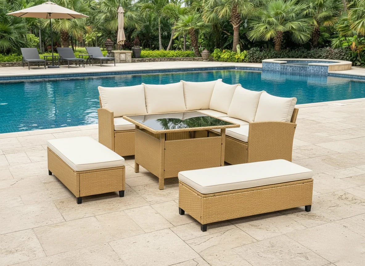 Barbados Corner Lounge Set Brown with Beige Cushions