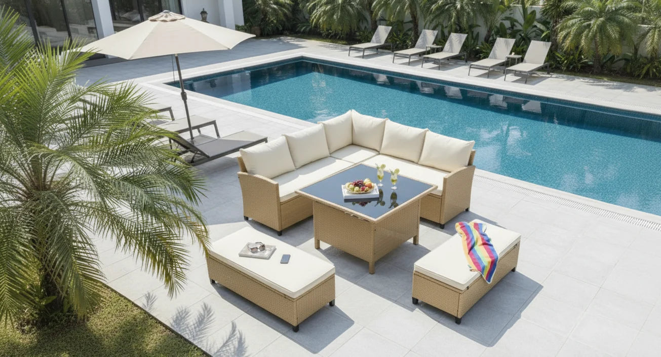 Barbados Corner Lounge Set Brown with Beige Cushions